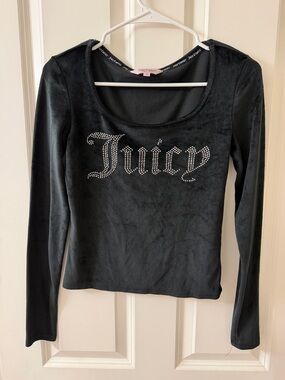 Juicy Couture Black Velvet Long Sleeve Top with Crystal 'Juicy' Logo